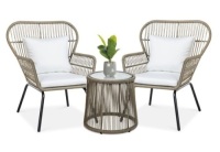 3-Piece Patio Wicker Conversation Bistro Set w/ 2 Chairs, Glass Top Table, Tan