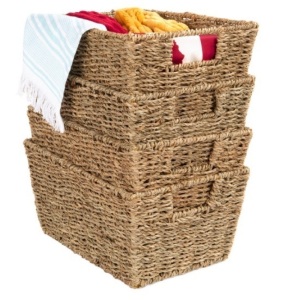 Set of 4 Seagrass Storage Tote Baskets, Laundry Organizer w/ Insert Handles, Natural