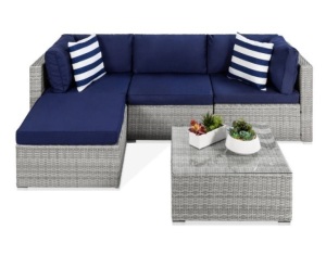 5-Piece Modular Wicker Sectional Conversation Set w/ 2 Pillows, Coffee Table