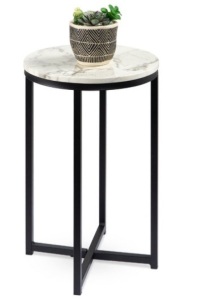 Round Coffee Side Table w/ Faux Marble Top, Metal Frame - 16in, White/Matte Black