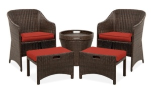 5-Piece Outdoor Wicker Bistro Set w/ Side Storage Table, No Assembly, Red