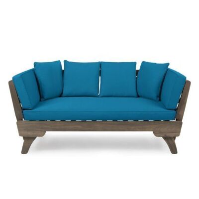 Outdoor Acacia Wood Expandable Daybed with Water Resistant Cushions, Dark Teal and Gray