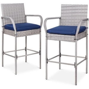 BCP Set of 2 Indoor Outdoor Wicker Bar Stools w/ Cushion, Footrests, Armrests, GRAY