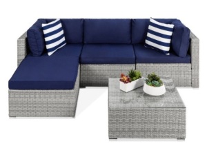 5-Piece Modular Wicker Sectional Conversation Set w/ 2 Pillows, Coffee Table