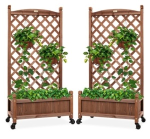 Set of 2 Wood Planter Box & Lattice Trellis w/ Optional Wheels - 48in