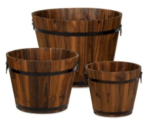 Set of 3 Rustic Wood Bucket Barrel Garden Planters Set w/ Drainage Holes