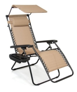 Folding Zero Gravity Recliner Patio Lounge Chair w/ Canopy, Side Tray, Beige