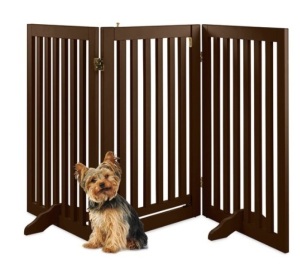 31.5in 3-Panel Freestanding Wooden Pet Gate w/ Door, Support Feet, Espresso