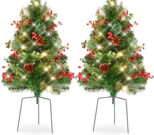 BCP Set of 2 Pre-Lit Pathway Christmas Trees w/ Pine Cones, Timer - 24.5in, SKY5179