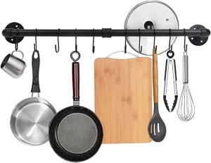 YOKEPO 31.5 Inch Black Pipe Pot Rack WallMounted, Pots and Pans Hanging Organizer, Pot LidUtensil Holder, Coffee Mug Rack, Cup Hanger Bar forkitchen with Detachable S Hooks, Like New, Retail - $23.99