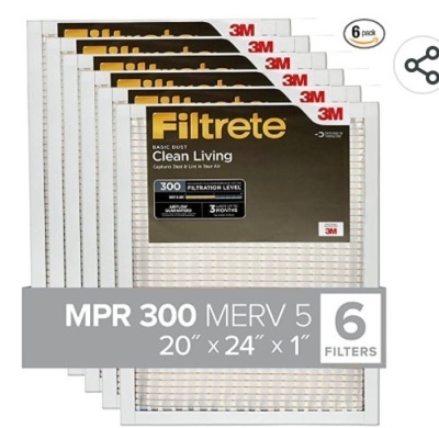 Filtrete 20x24x1, AC Furnace Air Filter, MPR 300, Clean LivingBasic Dust, 6-Pack (exact dimensions 19.81 x 23.81 x 0.81), Like New, retail - $36.81