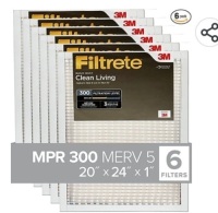 Filtrete 20x24x1, AC Furnace Air&nbsp;Filter, MPR 300, Clean LivingBasic Dust, 6-Pack (exact&nbsp;dimensions 19.81 x 23.81 x 0.81), Like New, retail - $36.81
