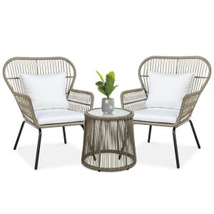 3-Piece Patio Wicker Conversation Bistro Set w/ 2 Chairs, Glass Top Table