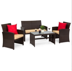 BCP 4-Piece Outdoor Wicker Conversation Patio Set w/ 4 Seats, Glass Table Top SKY2698