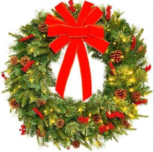 BCP Pre-Lit Battery Powered Christmas Wreath w/ Lights, PVC Tips, Ribbon, SKY5985