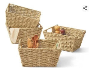 Artera Medium Wicker Storage Baskets - Woven Seagrass Basketfor Organizing, Stackable Natural Storage Bins with Handles forLaundry Room, Bathroom, Pantry, Closet. Shelf. 12"x9"x6". Pack 4, Like New, Retail - $45.99