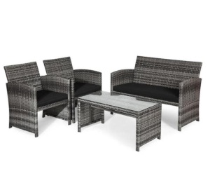 4-Piece Plastic Wicker Patio Conversation Set with Black Cushions, Appears New, Retail $358.30