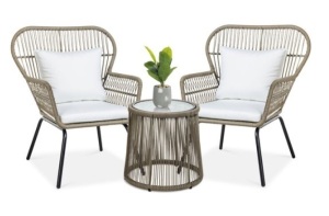 3-Piece Patio Wicker Conversation Bistro Set w/ 2 Chairs, Glass Top Table, Tan