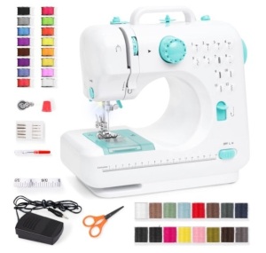 6V Portable Foot Pedal Sewing Machine w/ 12 Stitch Patterns, Teal/White