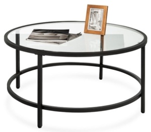 Round Tempered Glass Coffee Table w/ Steel Frame - 36in, Black