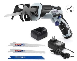 WORKPRO 12V Cordless Reciprocating Saw with Clamping Jaw, 2.0Ah Li-lon Battery with 1 Hour Fast Charger, Variable Speed andTool-Free Blade Change, 3 Saw Blades for Wood & Metal Cutting, Like New, Retail - $49.99