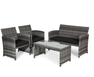 4-Piece Plastic Wicker Patio Conversation Set with Black Cushions, Appears New Retail $358.30