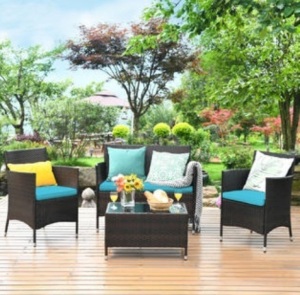 4PCS Rattan Patio Furniture Set Cushioned Sofa Chair Coffee TableTurquoise, Appears New, Retail $359.99