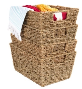 Set of 4 Seagrass Storage Tote Baskets, Laundry Organizer w/ Insert Handles, Natural