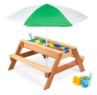 3-in-1 Kids Sand & Water Table Outdoor Wood Picnic Table w/ Umbrella, Appears New