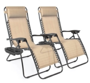 Set of 2 Adjustable Zero Gravity Patio Chair Recliners w/ Cup Holders, Sand