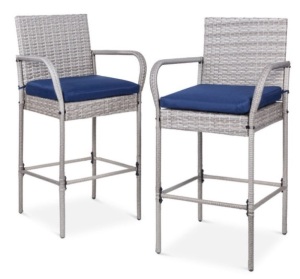 Set of 2 Indoor Outdoor Wicker Bar Stools w/ Cushion, Footrests, Armrests, Gray