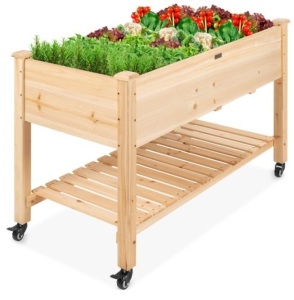 Mobile Raised Garden Bed Elevated Wood Planter w/ Wheels, Storage Shelf