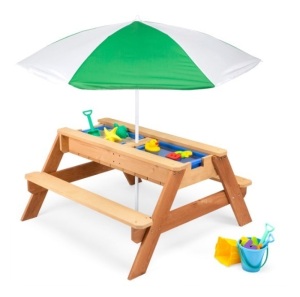 3-in-1 Kids Sand & Water Table Outdoor Wood Picnic Table w/ Umbrella, Green