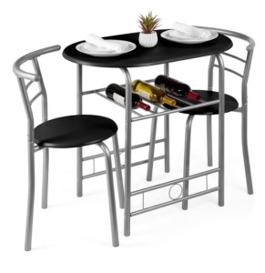 3-Piece Wooden Table & Chairs Dining Set w/ Lower Storage Shelf, Black/Silver 