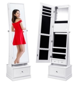 360 Swivel Mirrored Jewelry Cabinet Armoire w/ LED Lights, Mirror