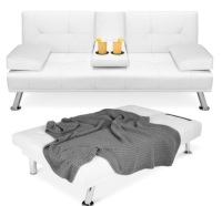 Faux Leather Upholstered Convertible Sofa Bed Futon w/ 2 Cupholders, White&nbsp;