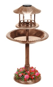 Solar Lighted Outdoor Pedestal Bird Bath w/ Planter, Decorative Bird Cage, Bronze