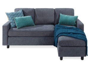 Linen Sectional Sofa Couch w/ Chaise Lounge, Reversible Ottoman Bench, Blue/Gray