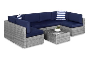 7-Piece Modular Wicker Sectional Conversation Set w/ 2 Pillows, Cover, Gray/Navy