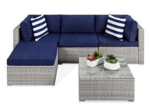 5-Piece Modular Wicker Sectional Conversation Set w/ 2 Pillows, Coffee Table