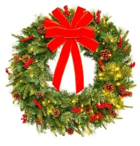 Pre-Lit Battery Powered Christmas Wreath w/ Lights, PVC Tips, Ribbon, 24in