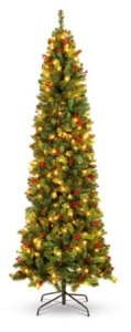 Pre-Lit Spruce Pencil Christmas Tree w/ Berries, Pine Cones, 9ft