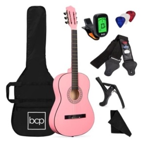 Beginner Acoustic Guitar Set w/ Case, Strap, Digital Tuner, Strings - 38in, Pink, Appears New