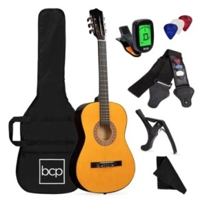 Beginner Acoustic Guitar Set w/ Case, Strap, Digital Tuner, Strings - 38in, Natural, Appears New