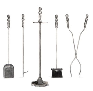 5-Piece Rustic Iron Indoor Outdoor Fireplace and Firepit Tool Set w/ Stand, Pewter, Appears New