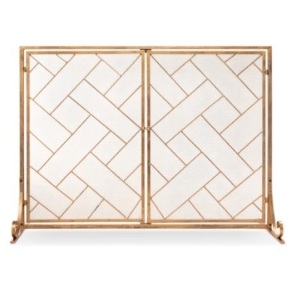 2-Panel Wrought Iron Geometric Fireplace Screen w/ Magnetic Doors - 44x33in, Gold, Appears New