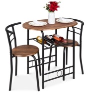 3-Piece Wooden Table & Chairs Dining Set w/ Lower Storage Shelf, Black/Brown