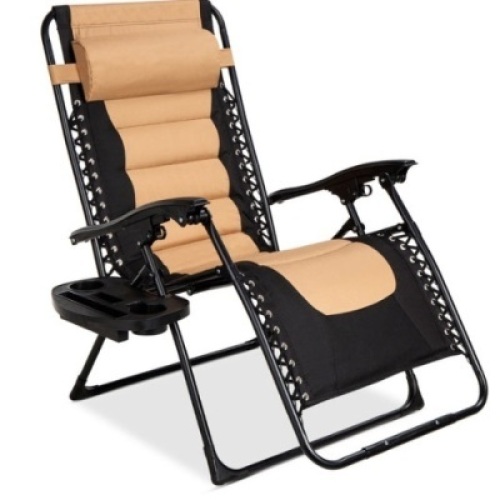 Oversized Padded Zero Gravity Chair, Folding Recliner w/ Headrest, Side Tray, Tan/Black