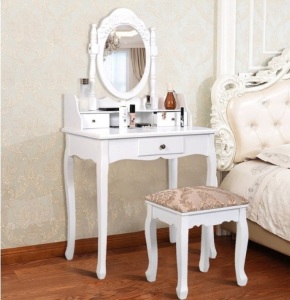White Vanity Makeup Dressing Table With Rotating Mirror + 3 Drawers, Appears New, Retail $220.73