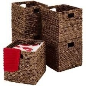 Set of 5 Collapsible Hyacinth Storage Baskets w/ Inserts - 12x12in